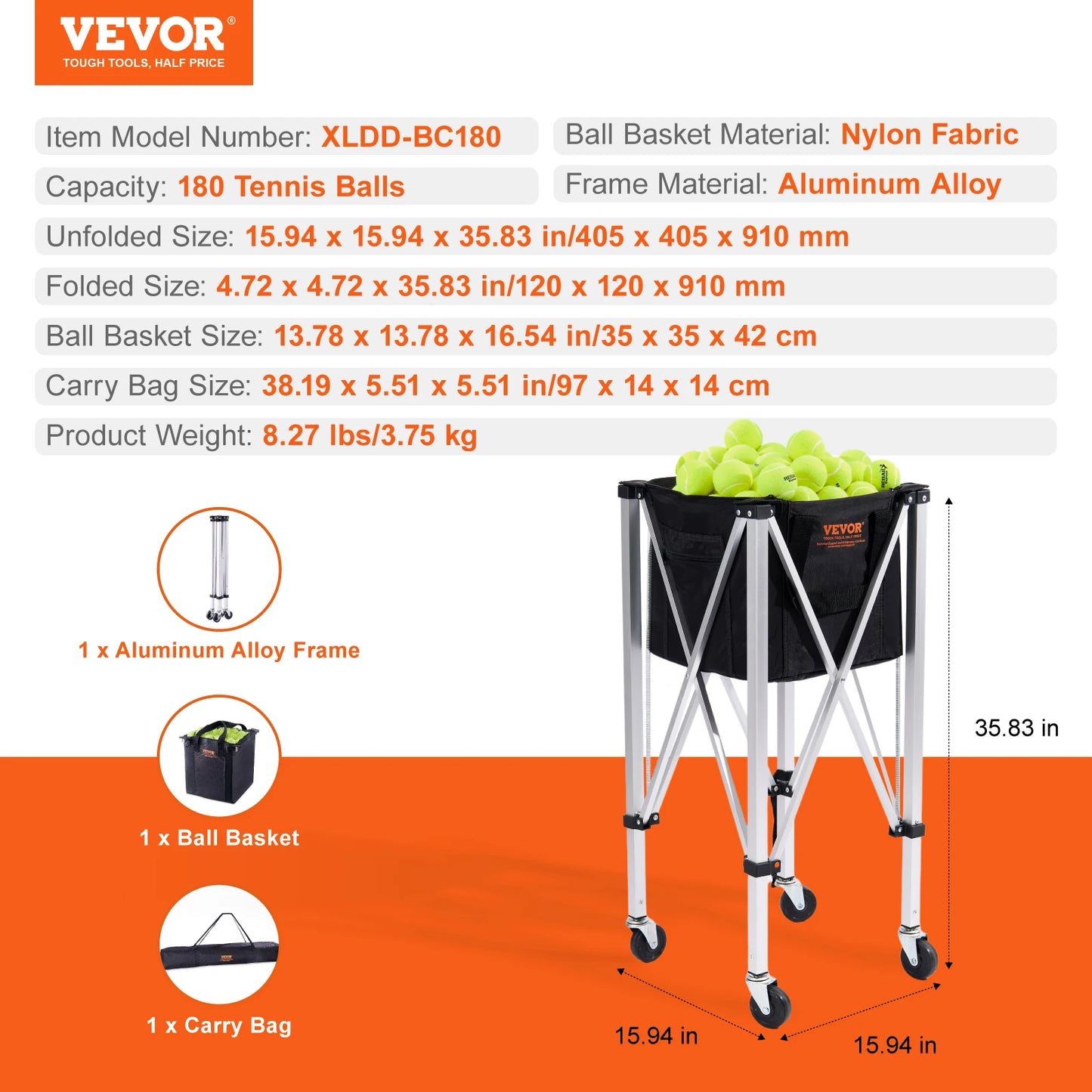 VEVOR Foldable Tennis Ball Cart with Wheels