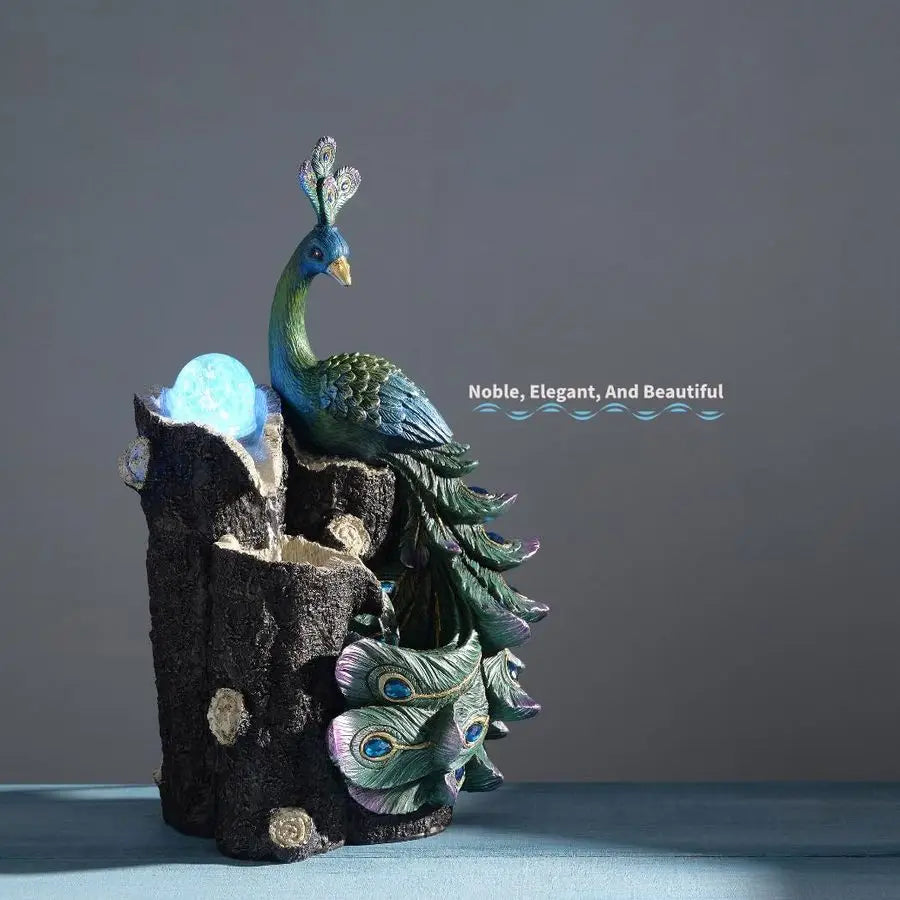 Peacock Waterfall Fountain with LED Globe