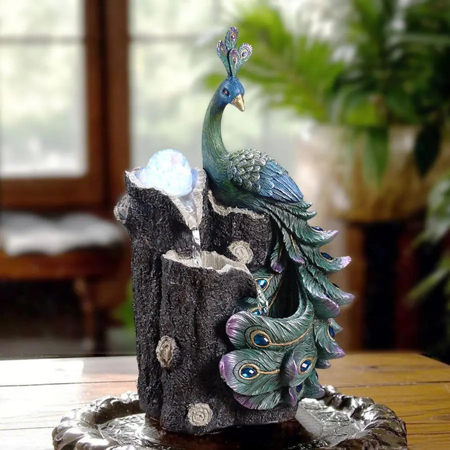Peacock Waterfall Fountain with LED Globe