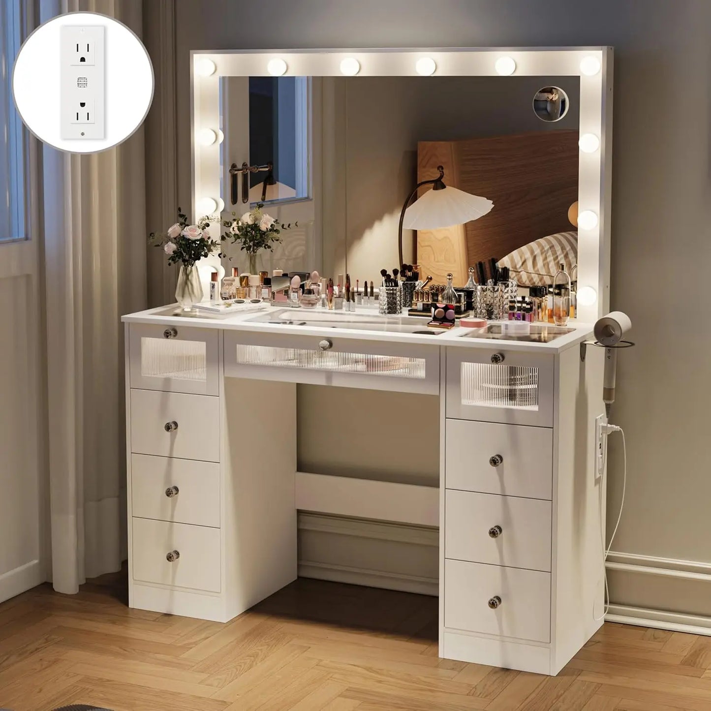 Makeup Vanity Desk With Lights And Large Mirror Glass Top Charging Station
