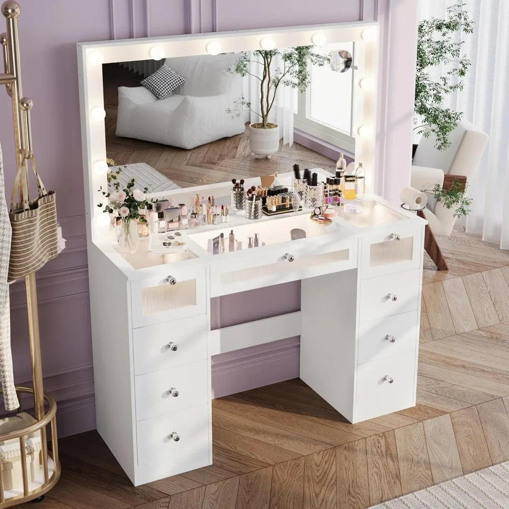 Makeup Vanity Desk With Lights And Large Mirror Glass Top Charging Station