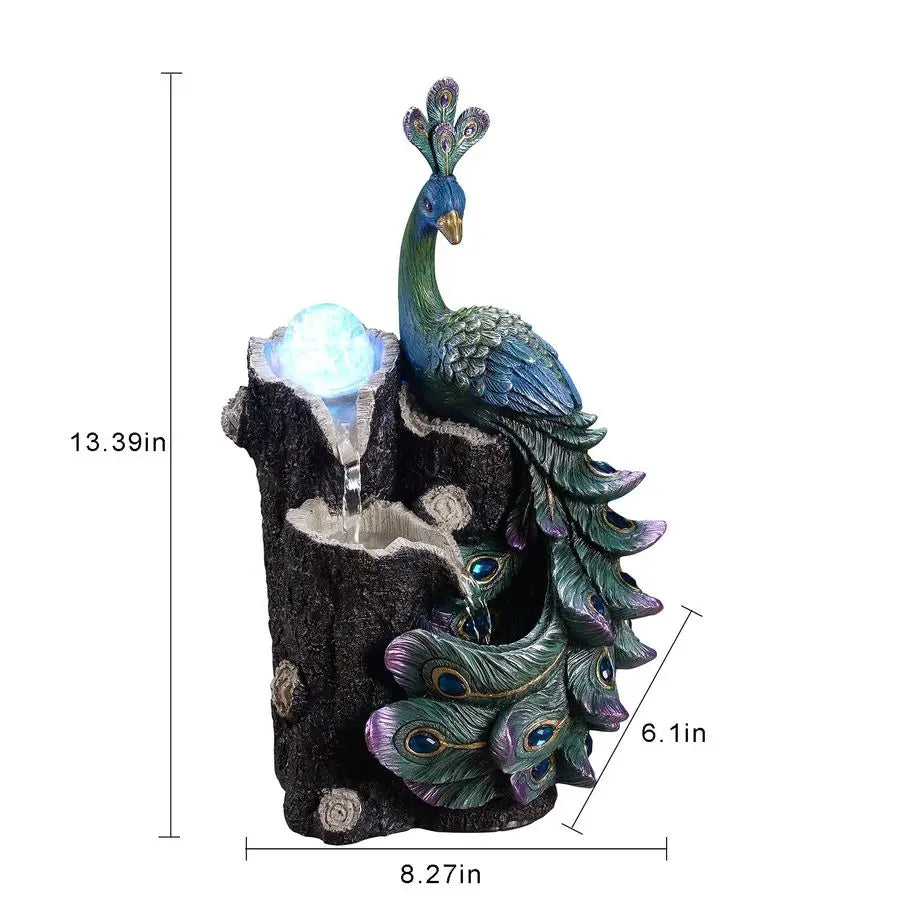 Peacock Waterfall Fountain with LED Globe