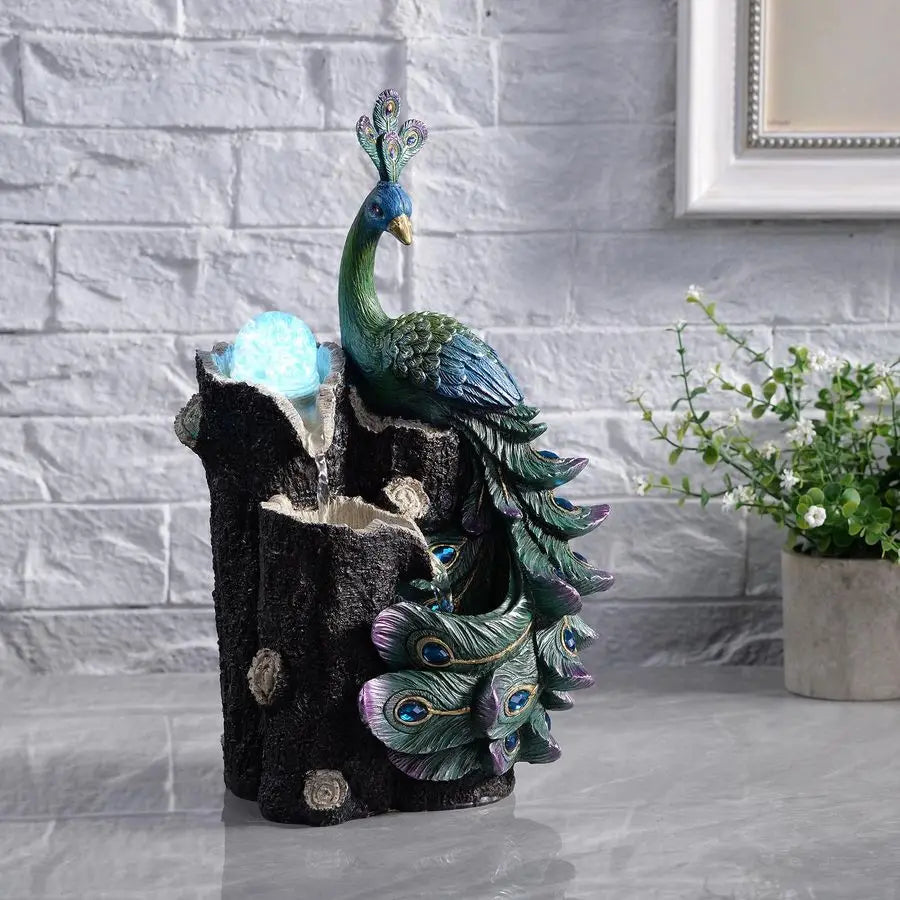 Peacock Waterfall Fountain with LED Globe
