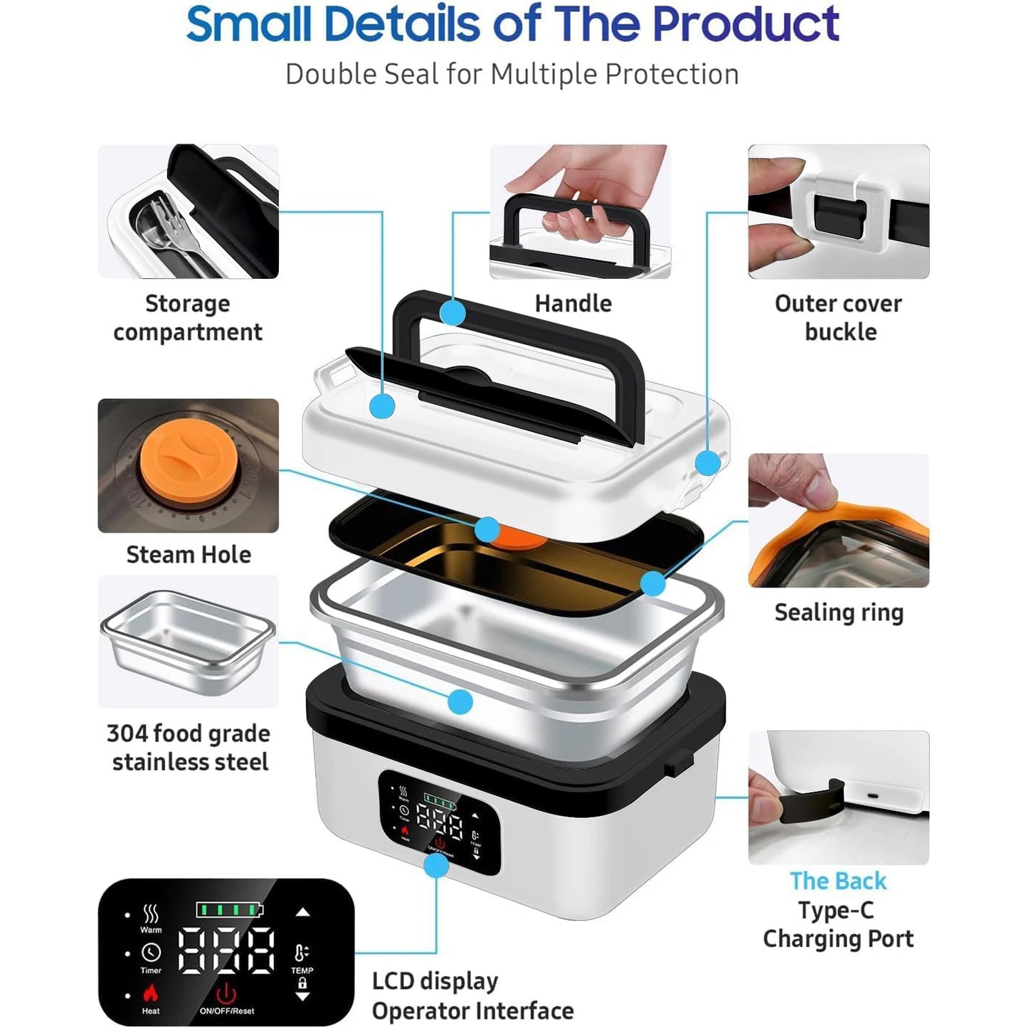 Rechargeable 8000mAh Timer Lunch Box with Warmer