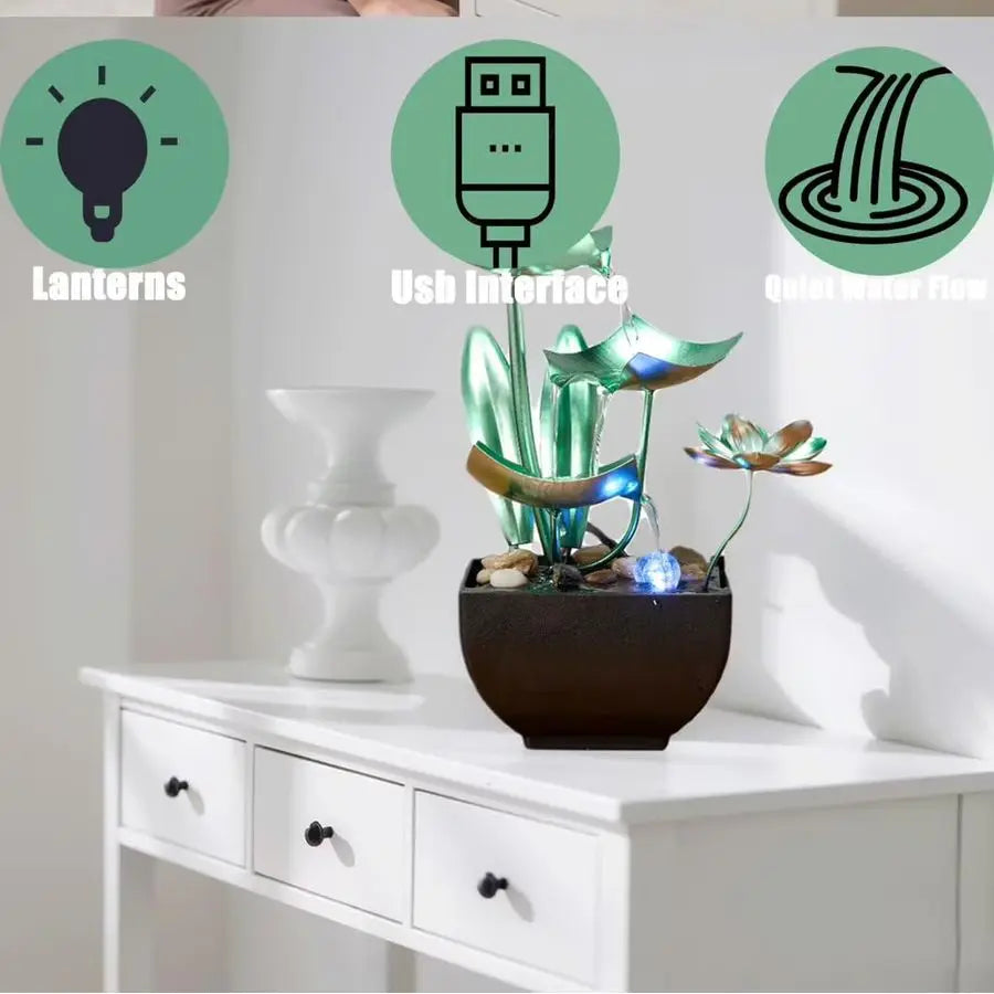 Three Tier Tabletop Water Fountain Lotus Decor