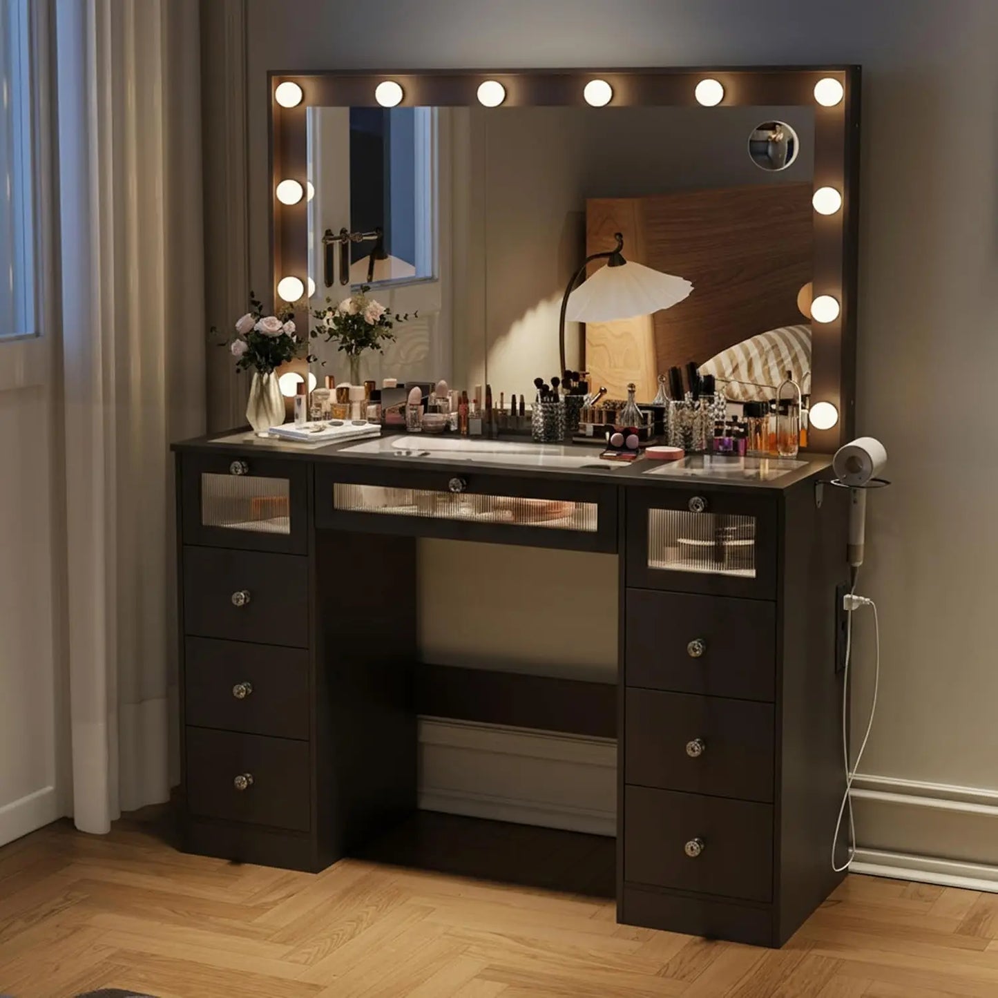 Makeup Vanity Desk With Lights And Large Mirror Glass Top Charging Station
