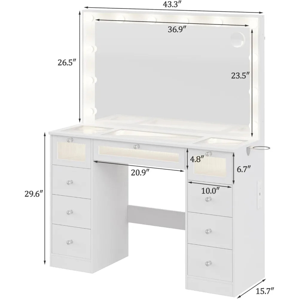 Makeup Vanity Desk With Lights And Large Mirror Glass Top Charging Station