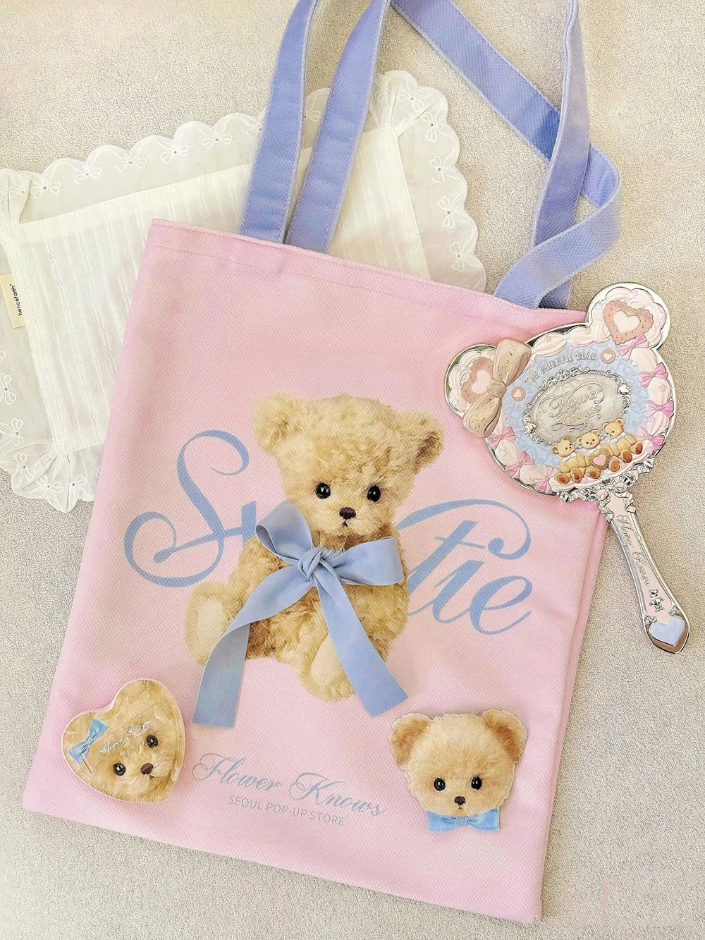 Hand Mirror With Powder Puff And Canvas Tote Bag