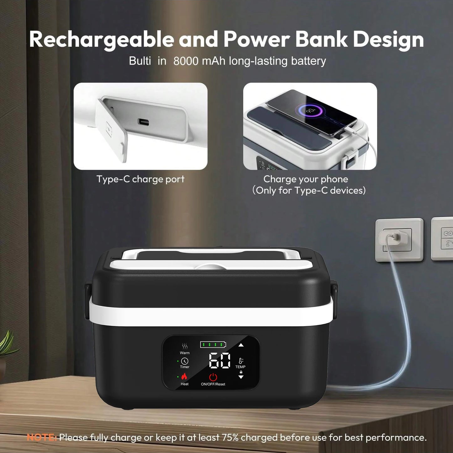 Wireless Insulated Lunch Box 60W Heating 1L