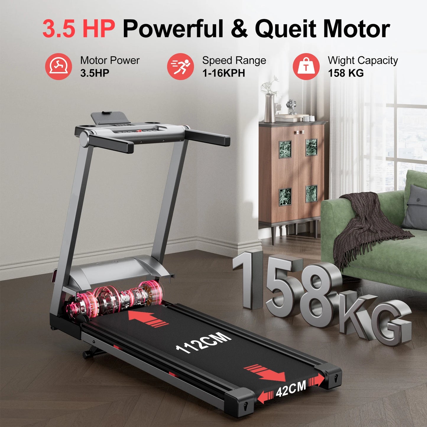 Superun Foldable Incline Treadmill With Hand Rail