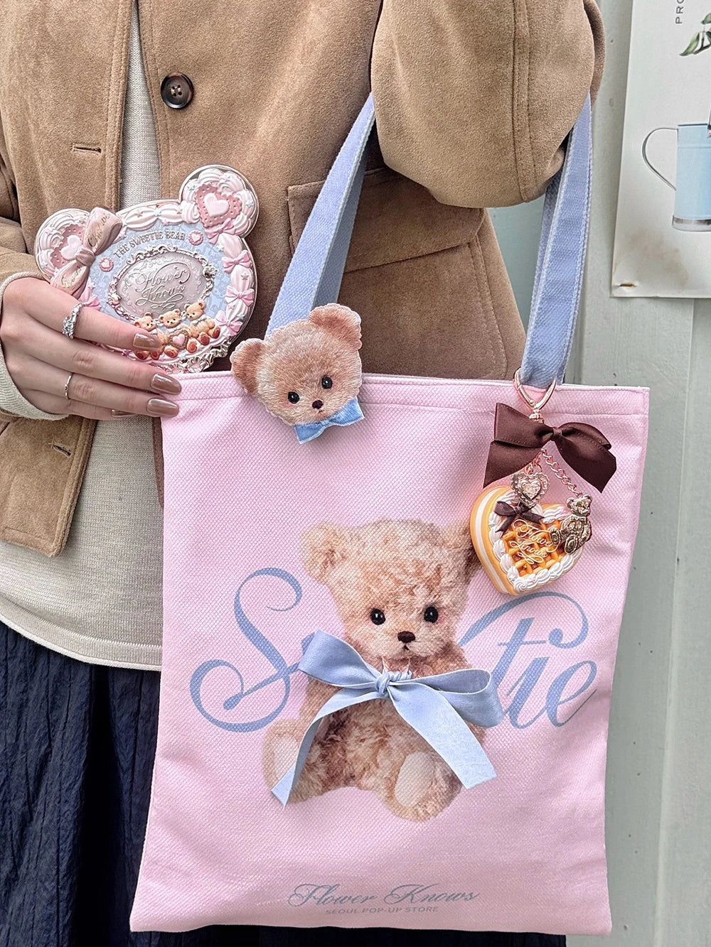 Hand Mirror With Powder Puff And Canvas Tote Bag