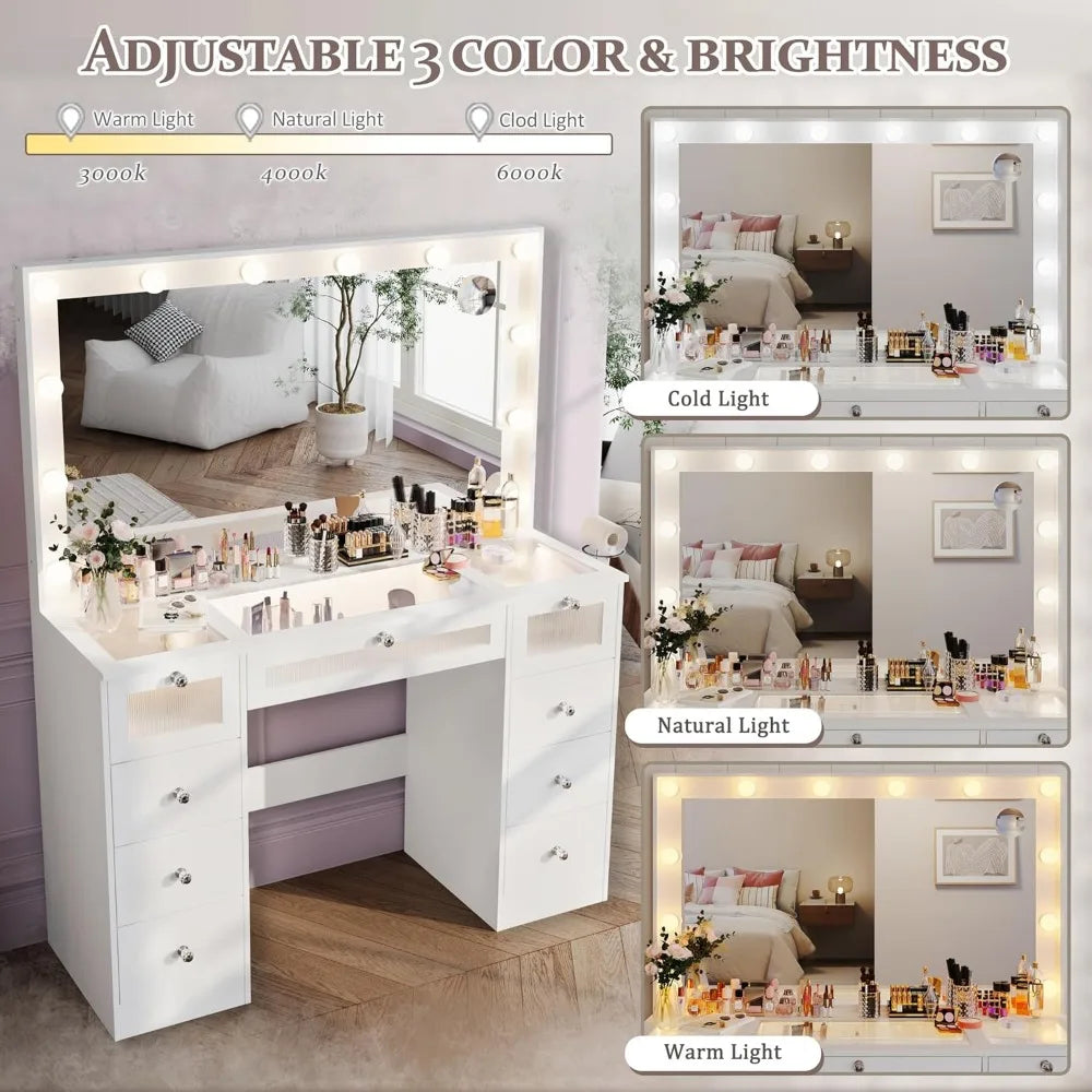 Makeup Vanity Desk With Lights And Large Mirror Glass Top Charging Station