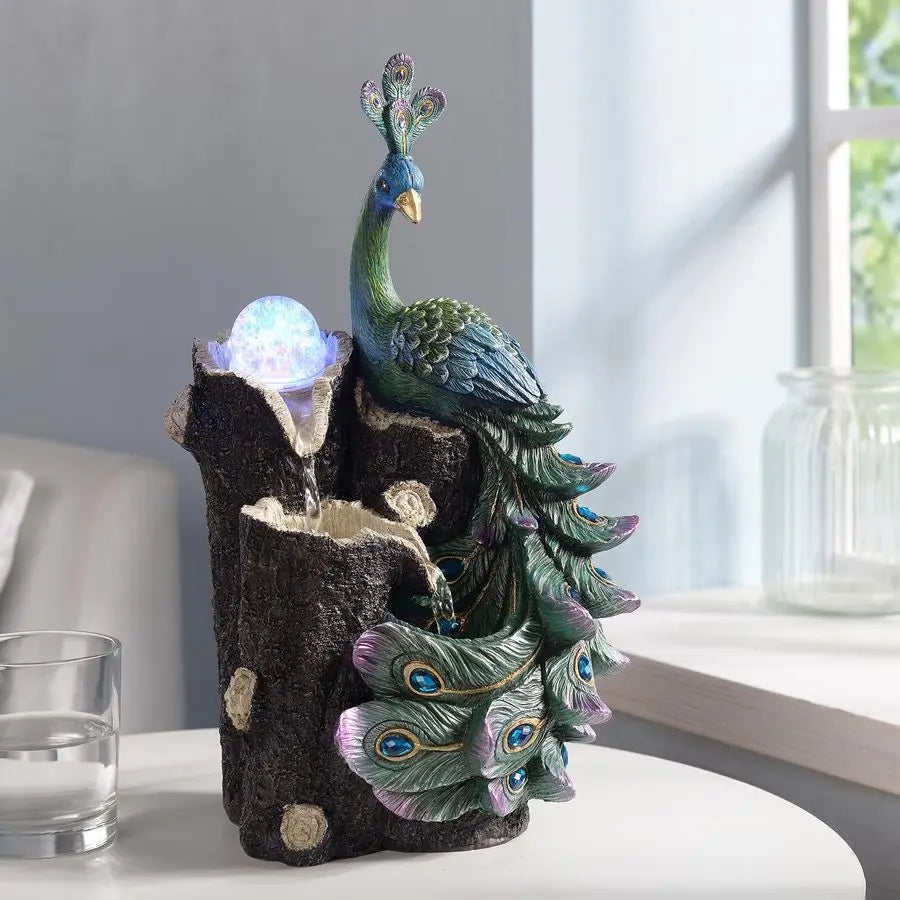 Peacock Waterfall Fountain with LED Globe