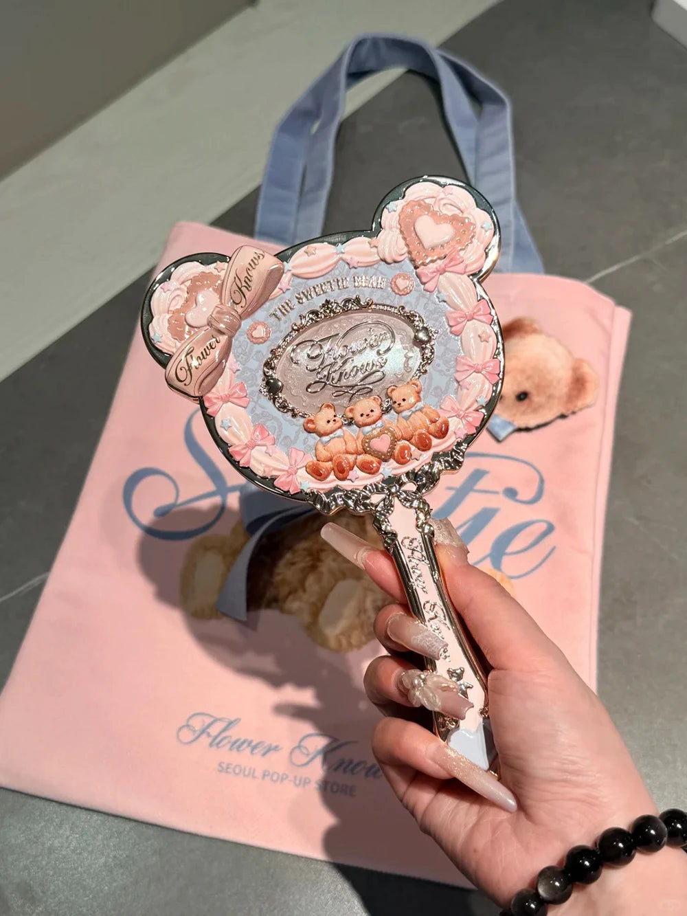 Hand Mirror With Powder Puff And Canvas Tote Bag