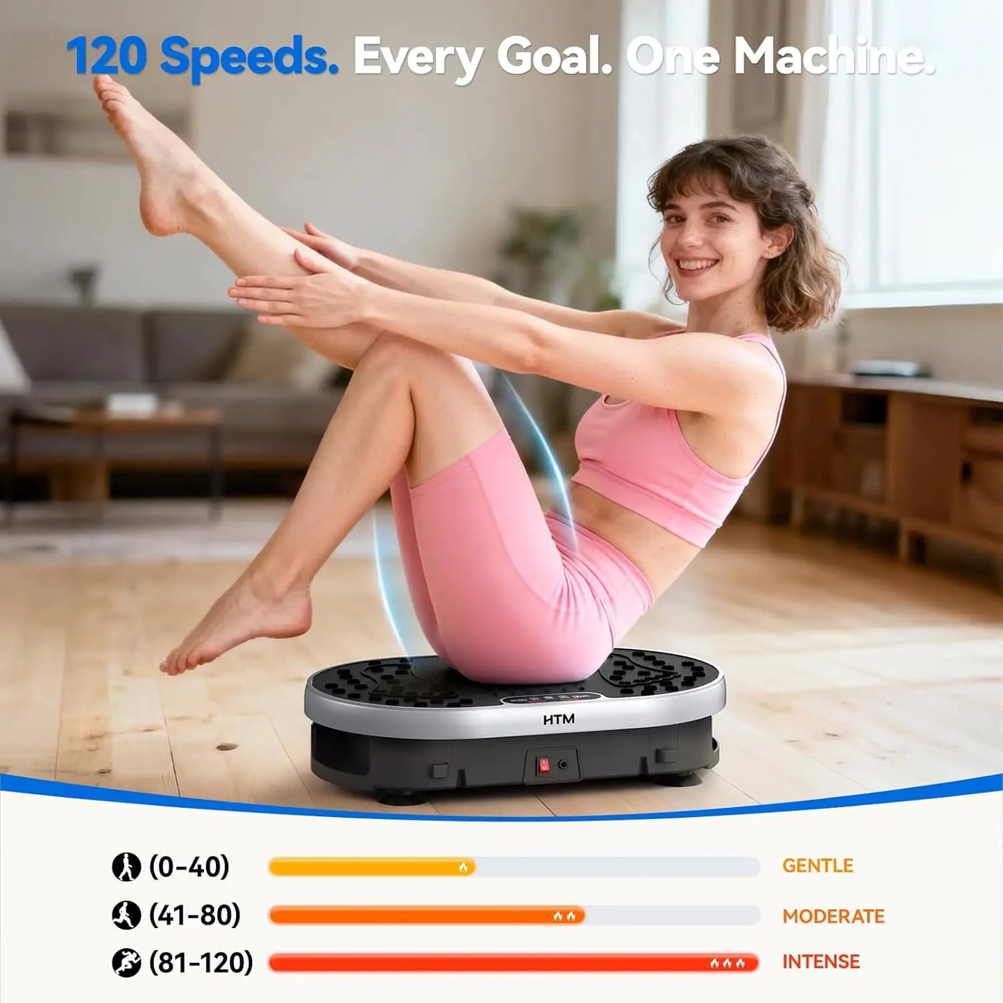 HTMM Vibration Plate Exercise Machine 120 Speed Levels 9 Preset Programs
