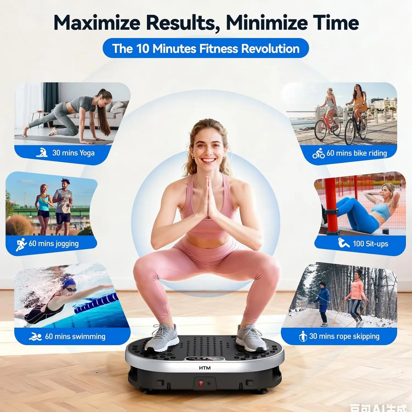HTMM Vibration Plate Exercise Machine 120 Speed Levels 9 Preset Programs