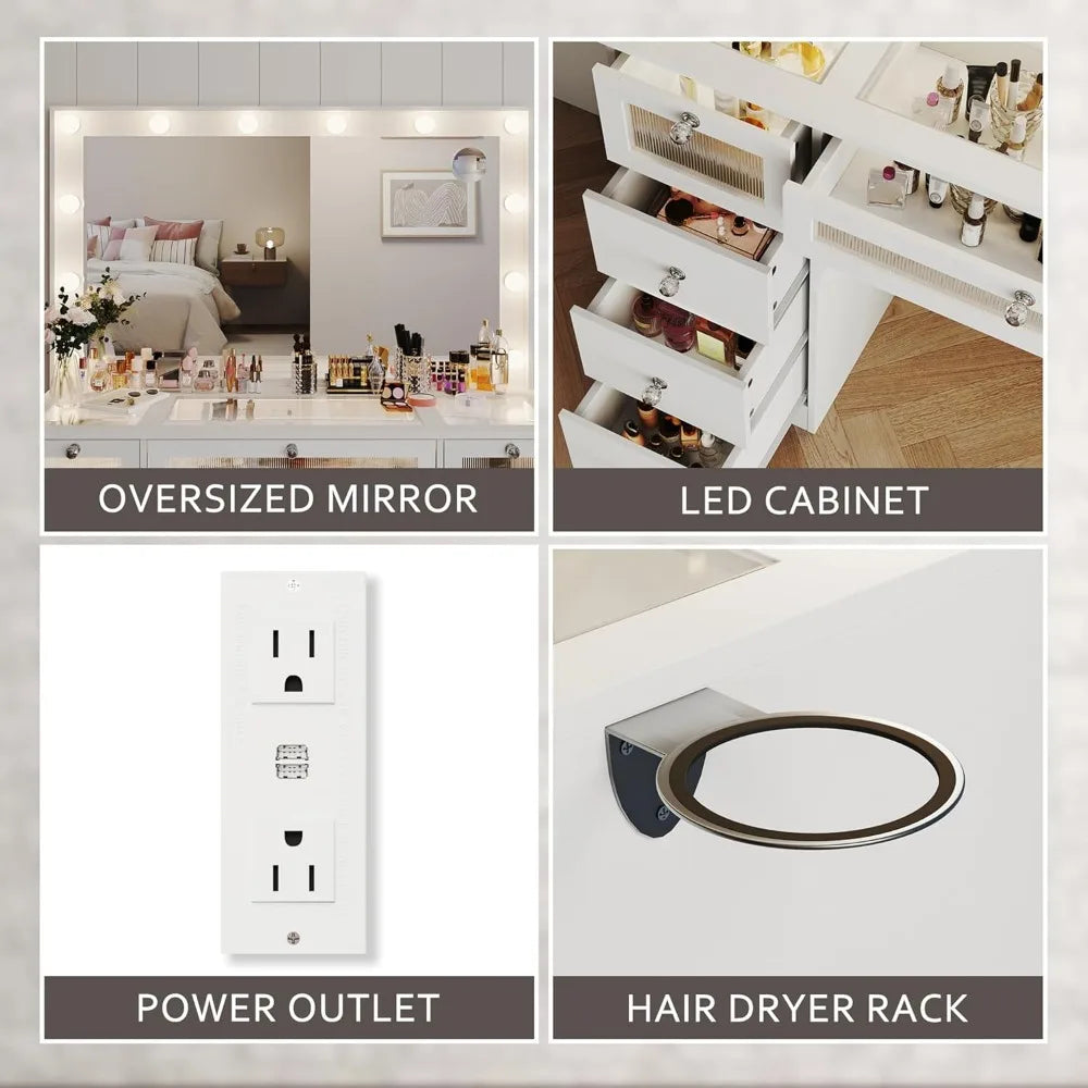 Makeup Vanity Desk With Lights And Large Mirror Glass Top Charging Station