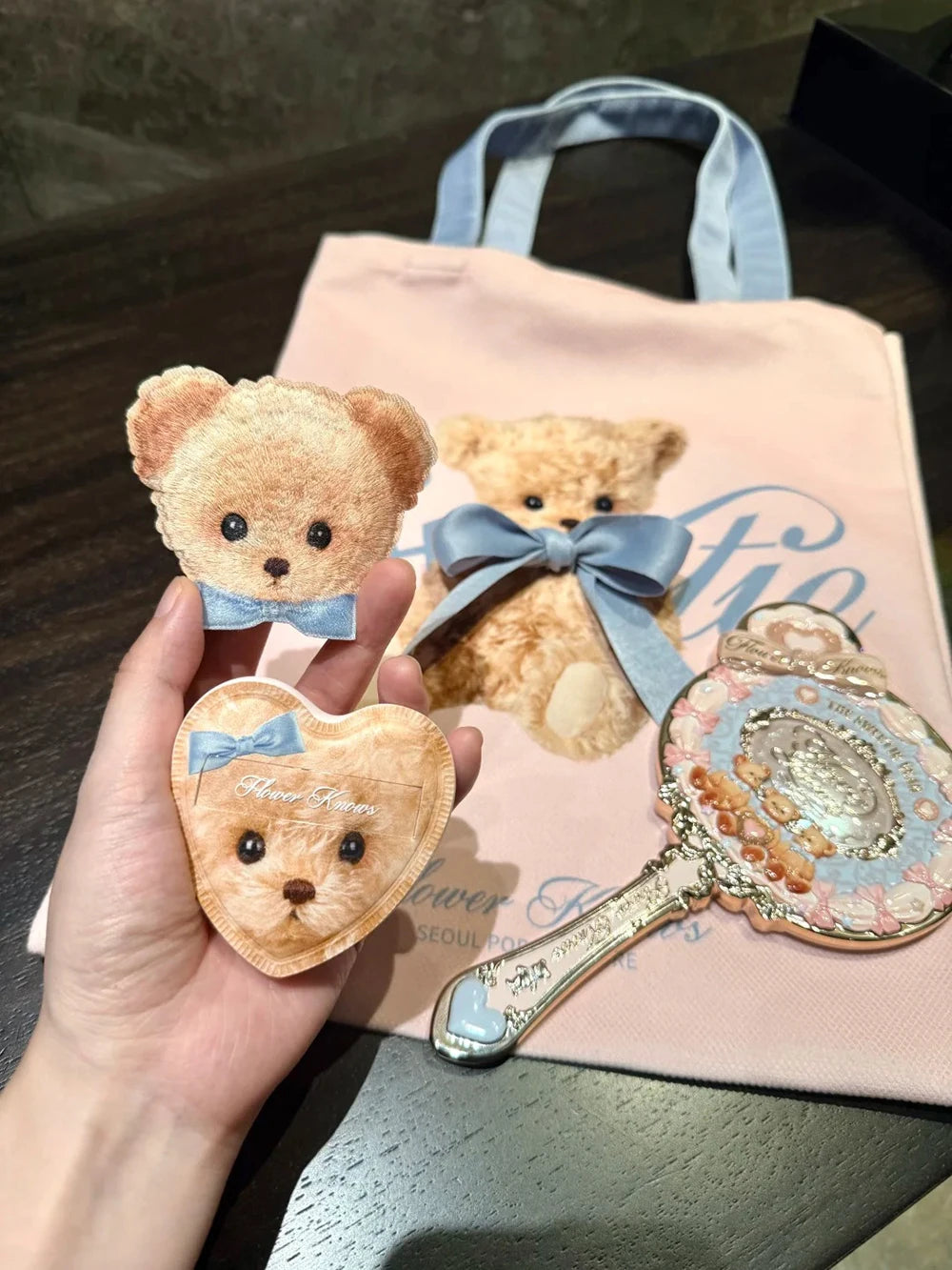 Hand Mirror With Powder Puff And Canvas Tote Bag