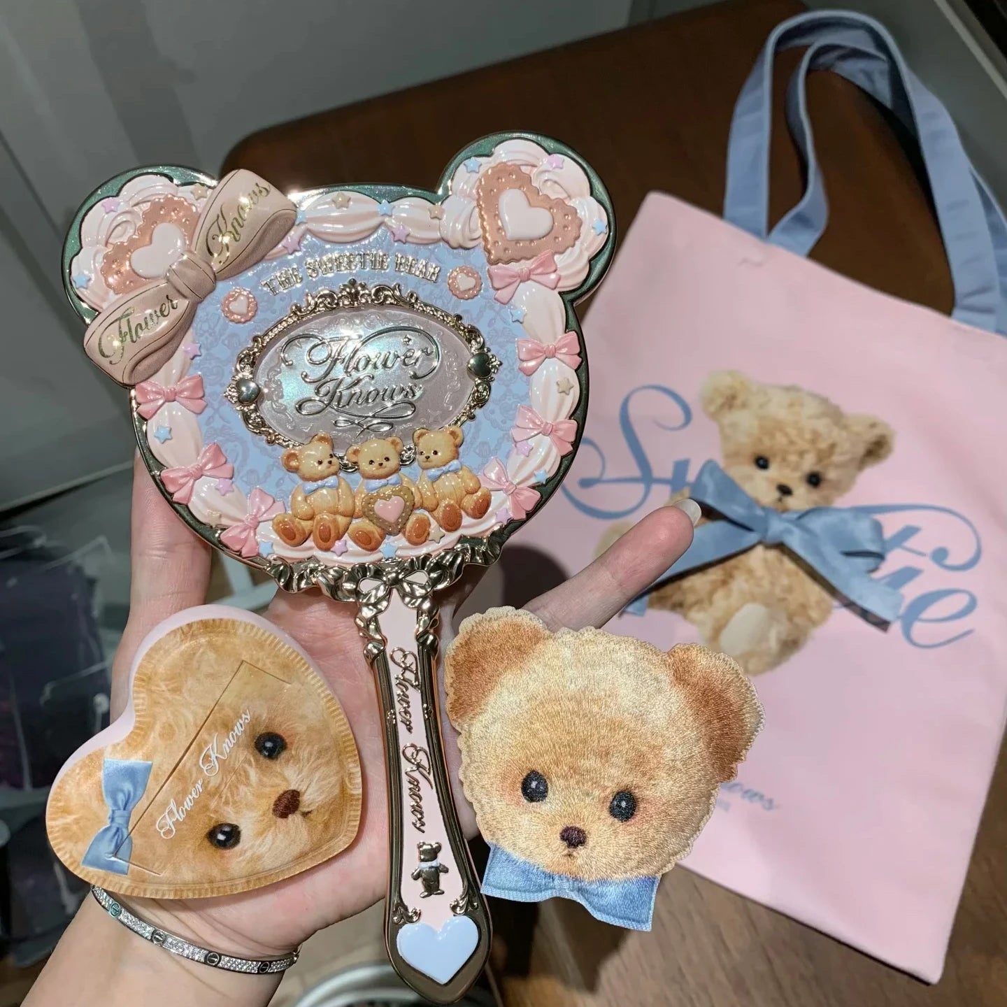 Hand Mirror With Powder Puff And Canvas Tote Bag