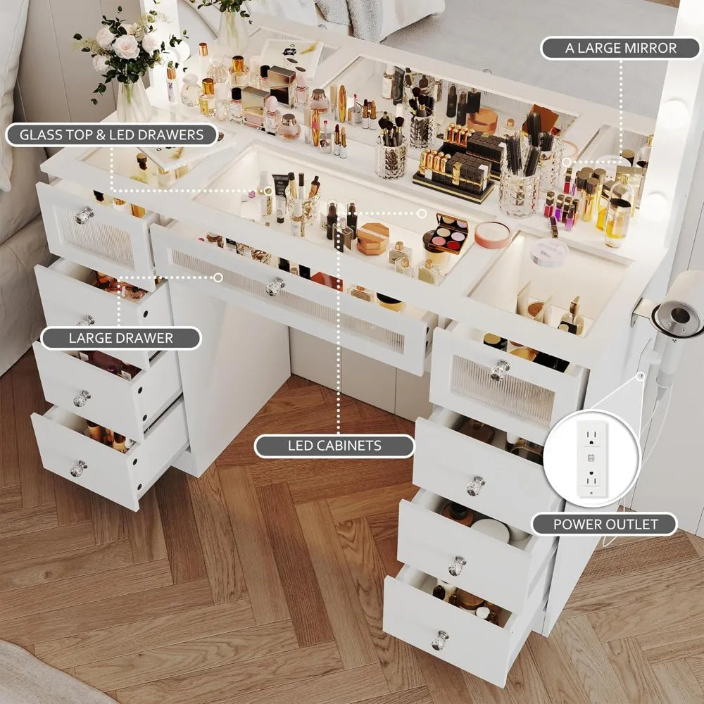 Makeup Vanity Desk With Lights And Large Mirror Glass Top Charging Station