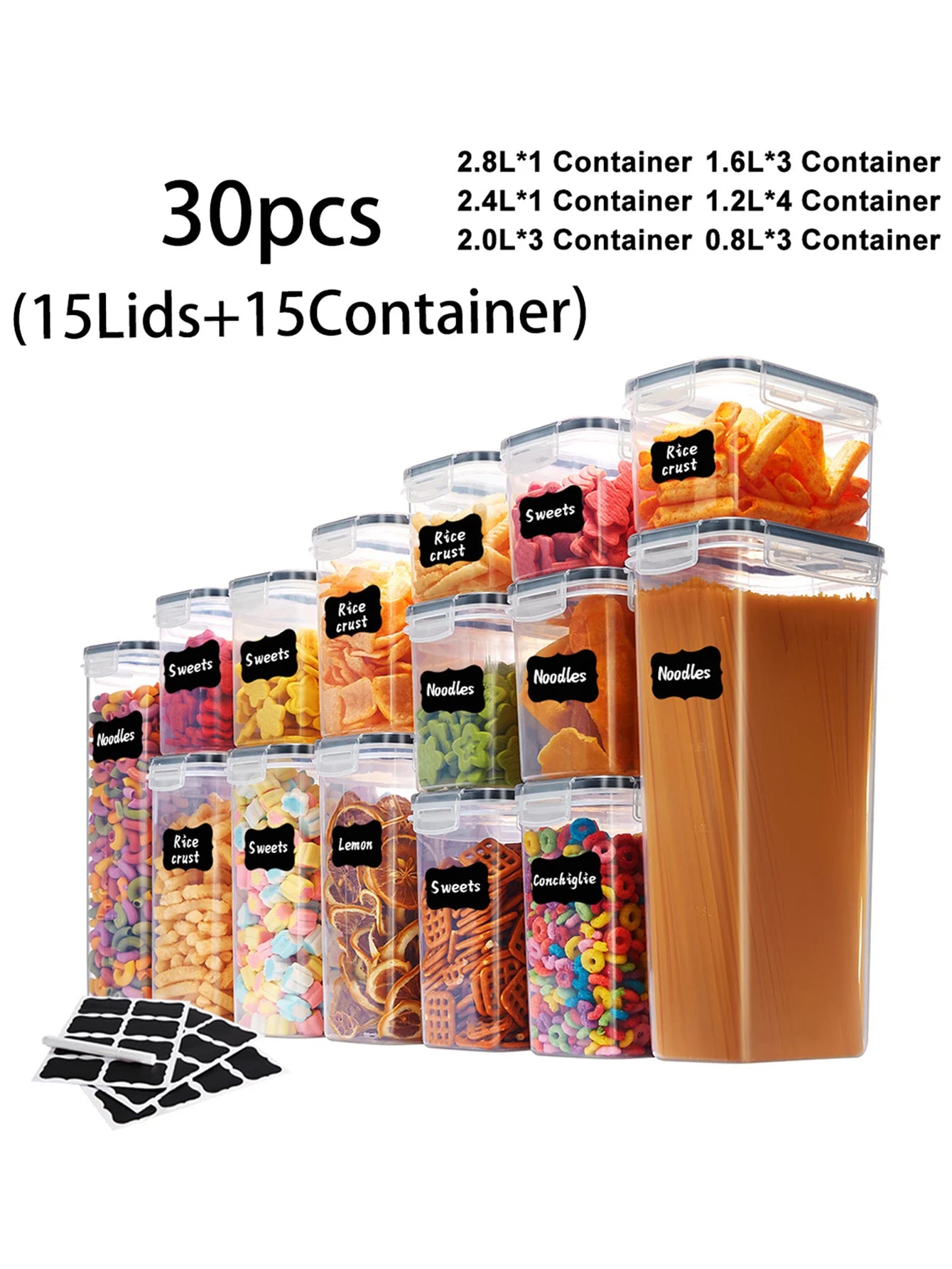 Airtight Storage Containers 30pc Labeled Jars For Grains And Flour