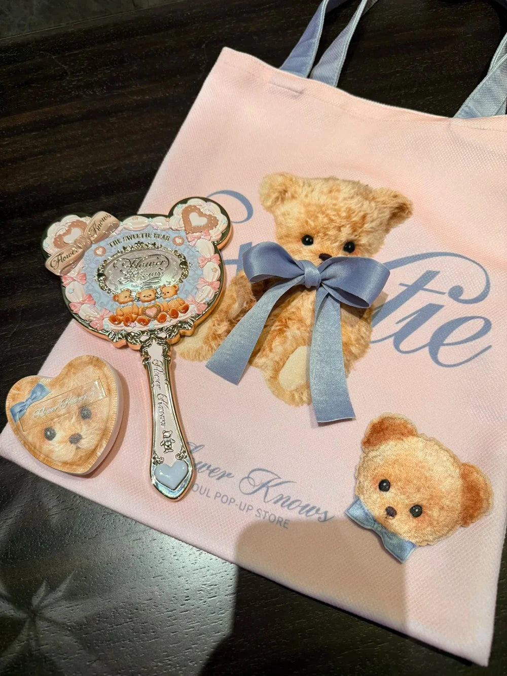 Hand Mirror With Powder Puff And Canvas Tote Bag